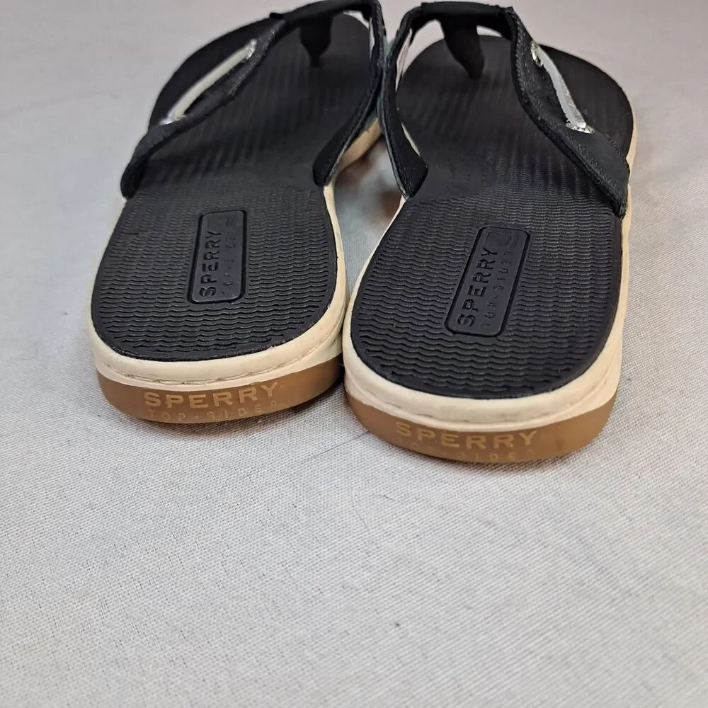 Sperry Seafish Flip Flop STS87295 Womens 10M Black Leather/Fabric Thong Sandals - Picture 3 of 8